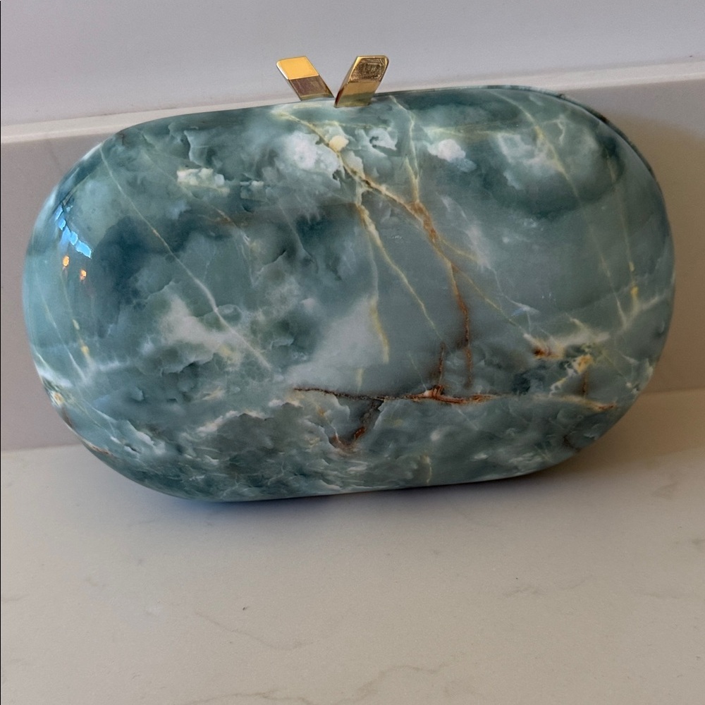 Olga Berg Teal Marble Clutch with Gold Accents